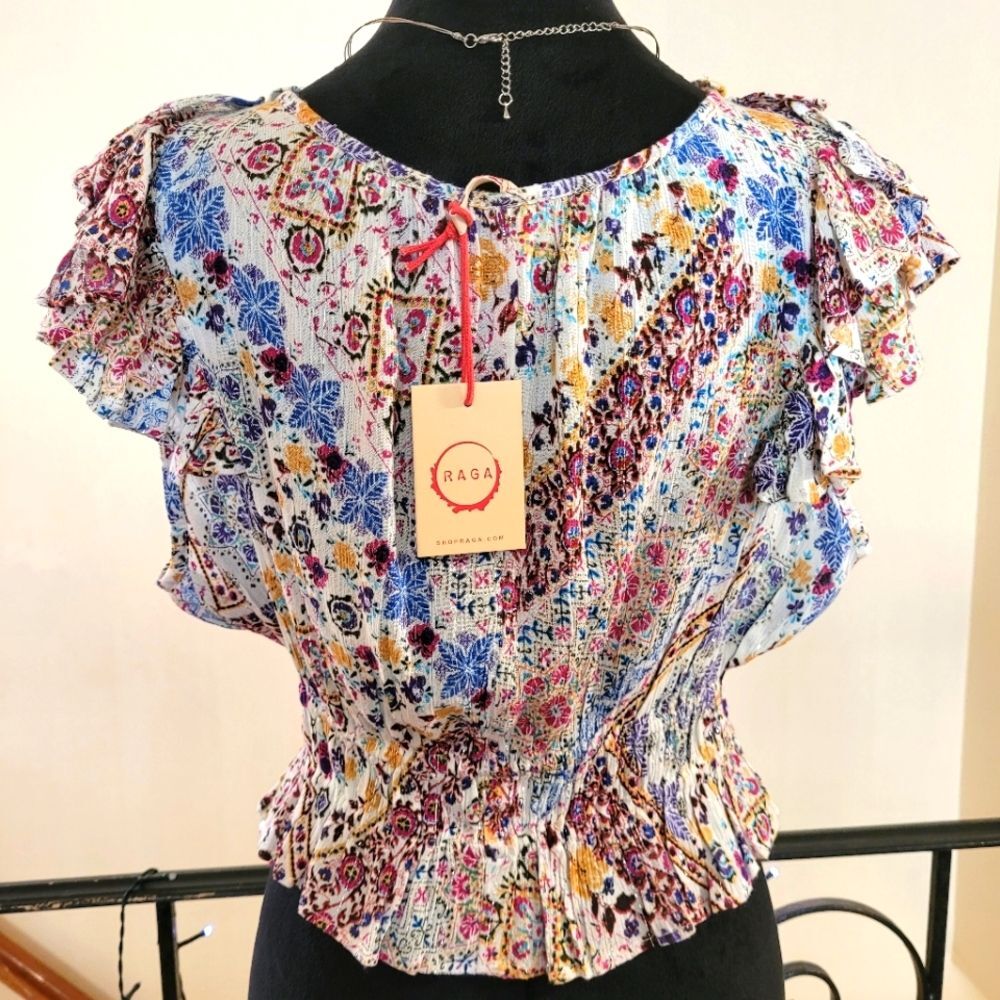 Nwt RAGA Multicolor Short Sleeve Ruffle Top Size Medium - Picture 3 of 16